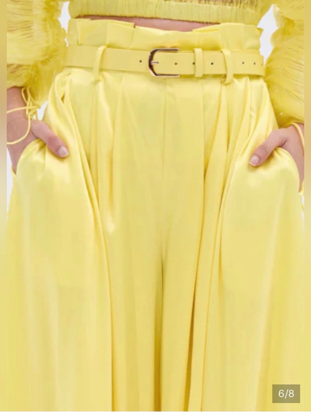 AKIRA Pastel Yellow High-Waist Wide-Leg Pants with Matching Belt